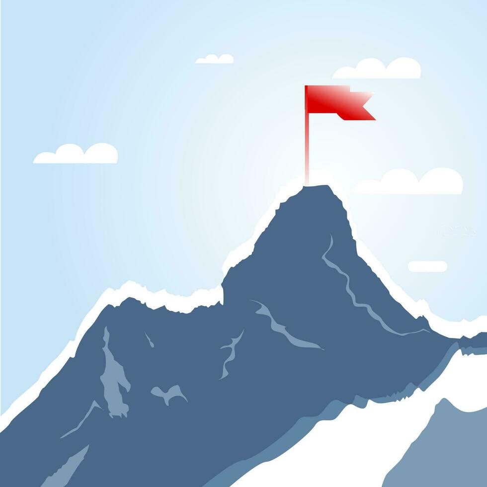 montaña pico con rojo bandera, éxito meta. parte superior alpinismo logro, exitoso liderazgo desafío, vector ilustración