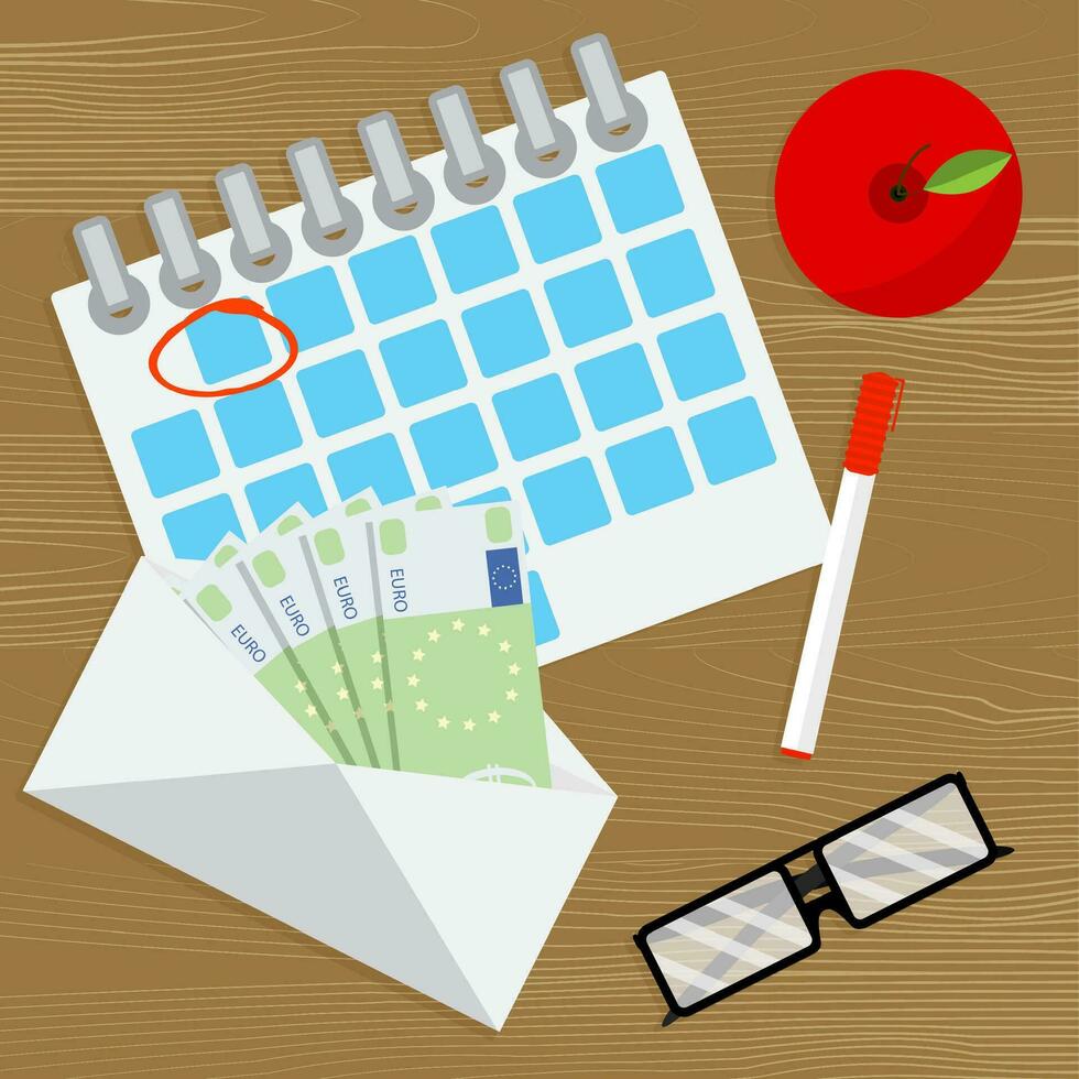 Payday, cash money and calendar with mark day. Salary day and monthly finance payment, financial pay month, banknote revenue payout, vector illustration