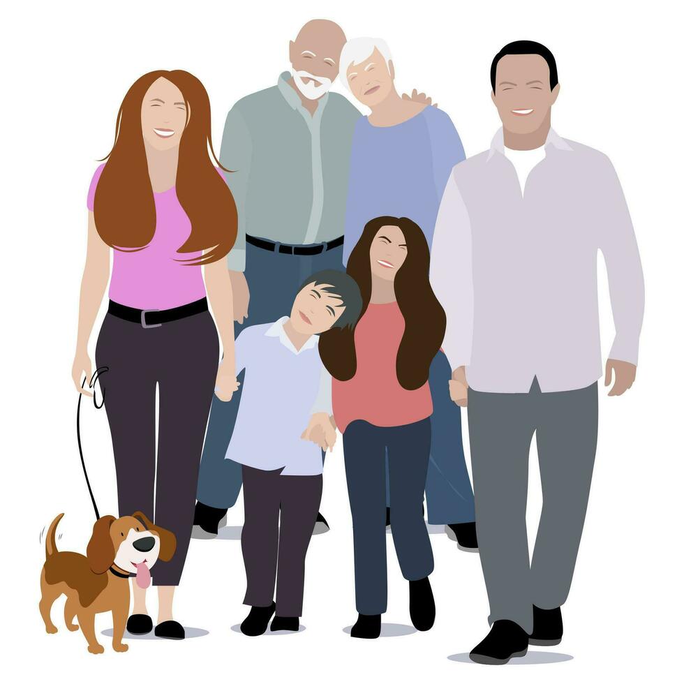 Happy family portrait, generation young and old. Grandpa and grandmother, grandparents with mother and father, daughter and son. Vector illustration