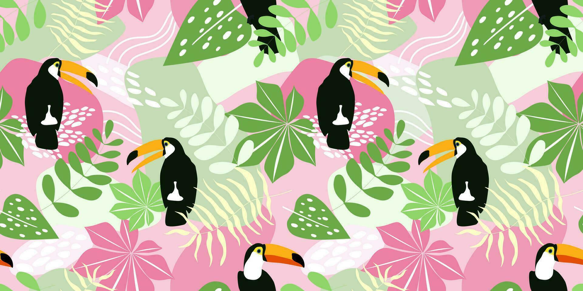 Seamless pattern with tropical abstract leaves. Exotic plants, toucan birds, palm trees in the jungle. Vector graphics.
