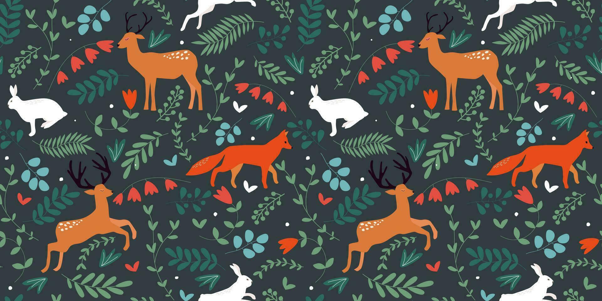 Seamless pattern with forest animals, plants, leaves, flowers. Natural print with foxes, deer, hares. Vector graphics.