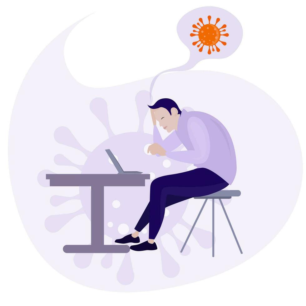 Depressed man worry about virus epidemic. Vector epidemic depression, pandemic outbreak, man think about covid collapse illustration