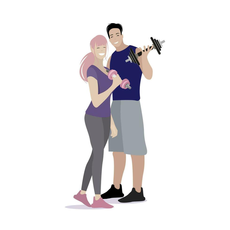 Lovely couple do fitness together. Boyfriend with dumbbell, wife and husband doing body fit, training fitness with love illustration vector