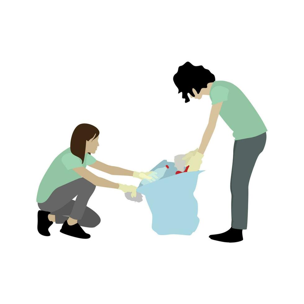 People together pick up trash after bbq. Vector gather and picking outdoor garbage, cleaning trash by volunteer illustration