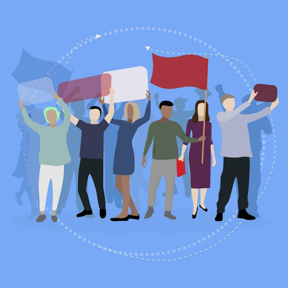 Crowd protesting people with banners and placards. Man woman in political meeting, parade and rally. Male female protesters activists. Vector illustration