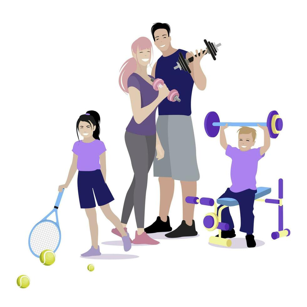 Sport family do fitness, concept of healthlife. Sport father and mother with children doing exercise in gym. Vector illustration. Physical training to be strong