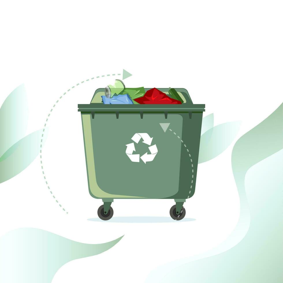 Rubbish street bin full with recycle symbol. Vector container waste, ecology recycle rubbish, garbage recycling, street dump overflowing illustration