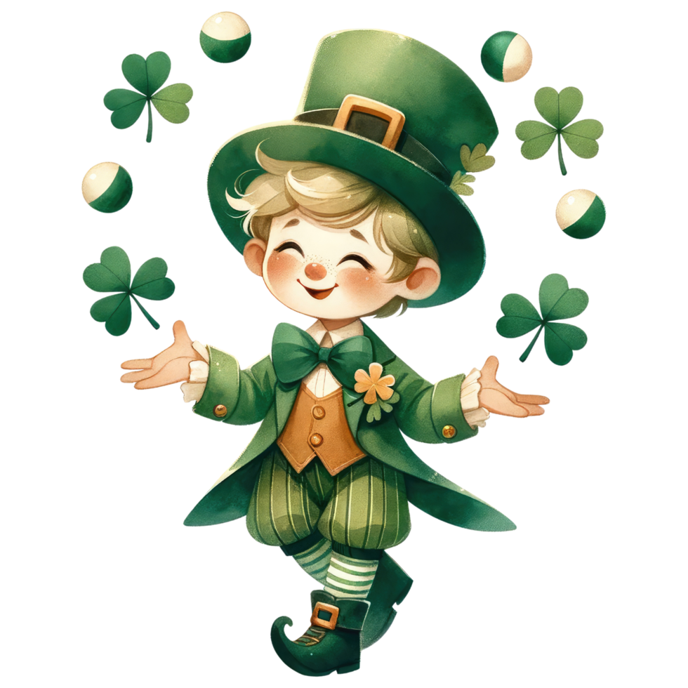 AI generated Leprechaun juggling with shamrock-shaped pins on St Patrick Day png