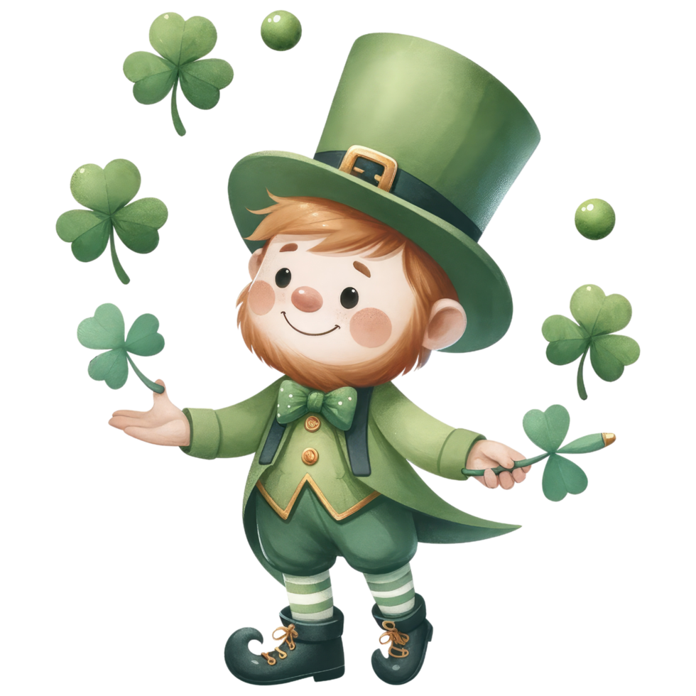 AI generated Leprechaun juggling with shamrock-shaped pins on St Patrick Day png