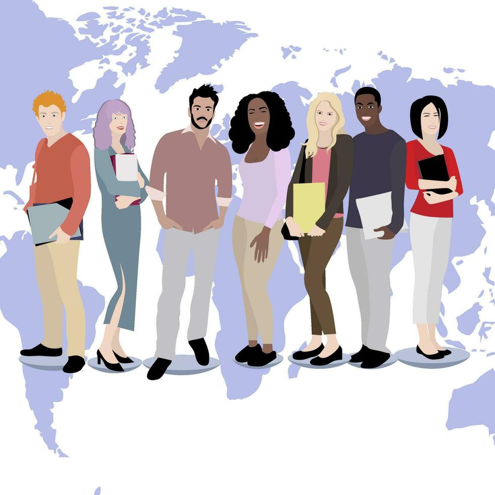 internacional estudiantes chico y niña en mundo mapa antecedentes. multicultural personas saludo y bienvenido, africano y americano adolescente con libro ilustración vector