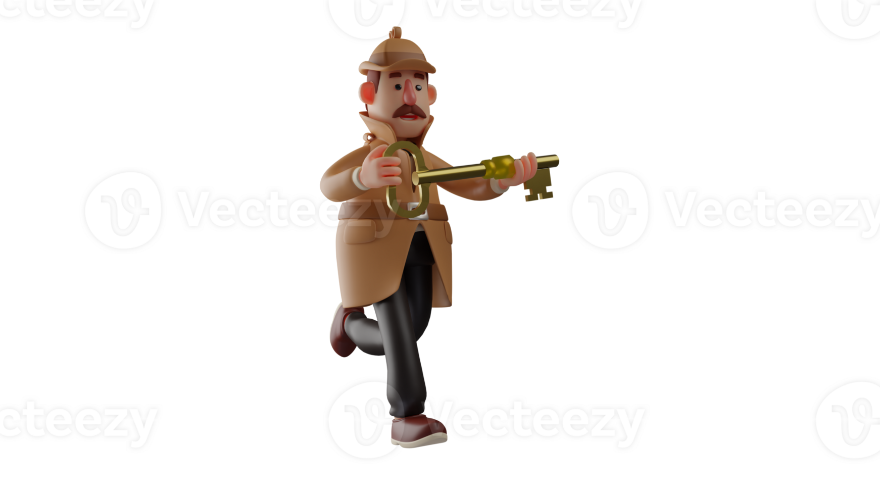 3D illustration. Agile Detective 3D Cartoon Character. The detective ran carrying the secret key he had managed to get. The great detective is quickening his pace. 3D cartoon character png