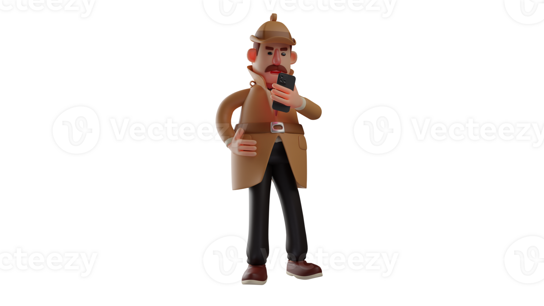3D illustration. Man 3D Cartoon Character. The mustachioed man wore a neat suit and brown hat. Man who works as a detective is making a video call and showing an angry expression. 3D cartoon character png