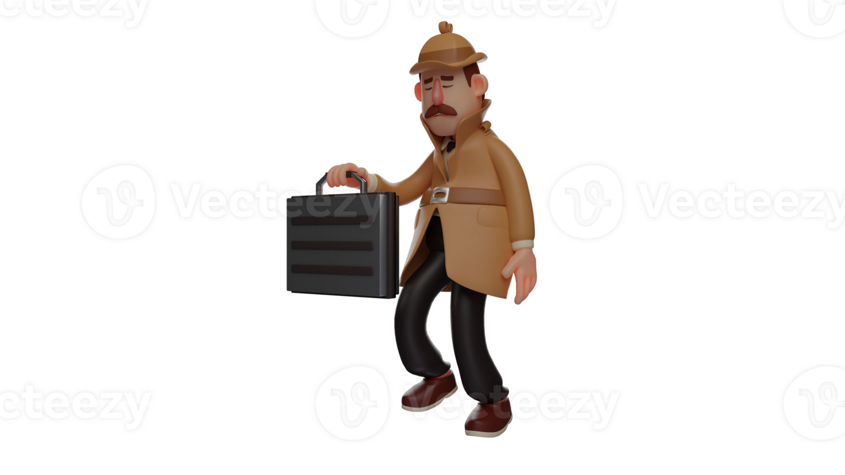 3D illustration. Man 3D Cartoon Character. Man with a mustache who works as a detective. Detective carried a black suitcase and walked hunched over. He showed a tired expression. 3D cartoon character png