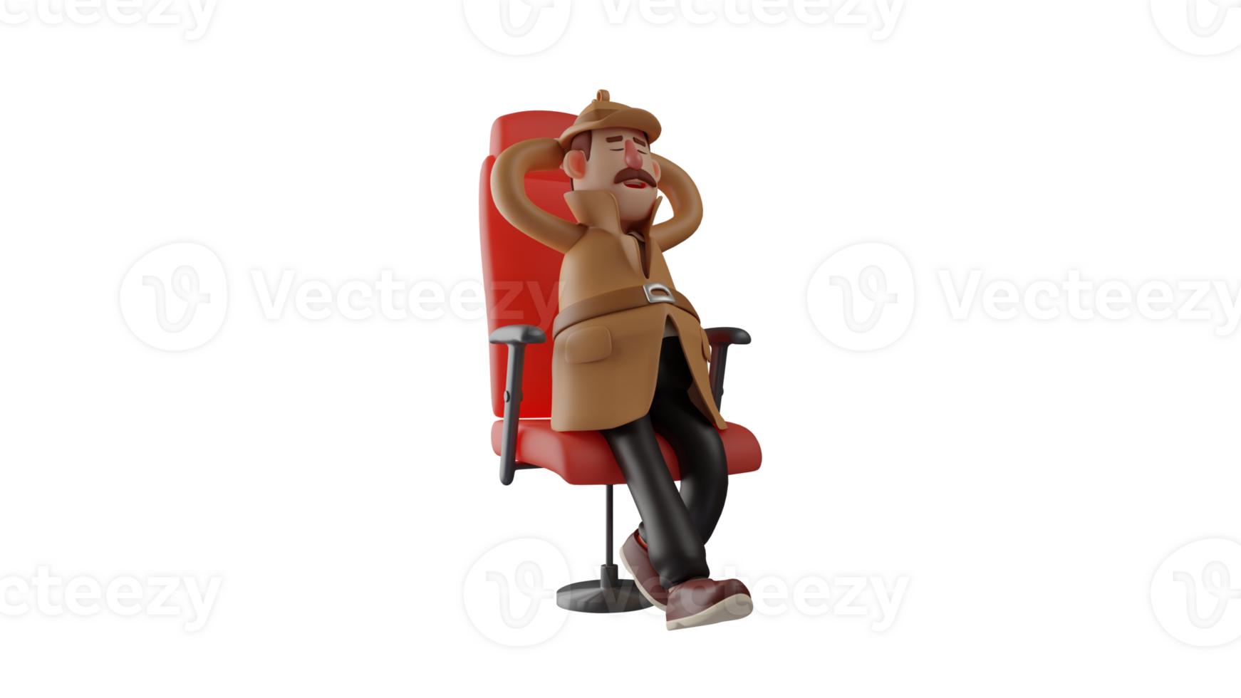 3D illustration. Tired Detective 3D Cartoon Character. The detective is sitting and resting in a red chair. The policeman was sleepy and covered his eyes while enjoying his break. 3D cartoon character png
