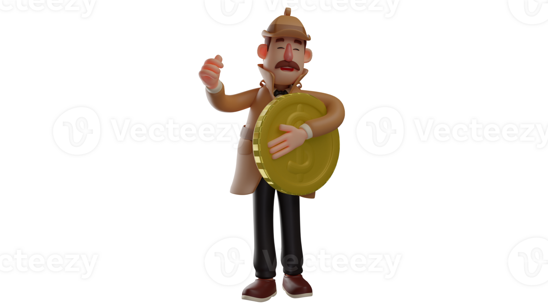 3D illustration. Kind-hearted Collector 3D Cartoon Character. Authoritative collector wears a neat suit and always displays a sweet smile. Collector who hugs the gold coins. 3D cartoon character png