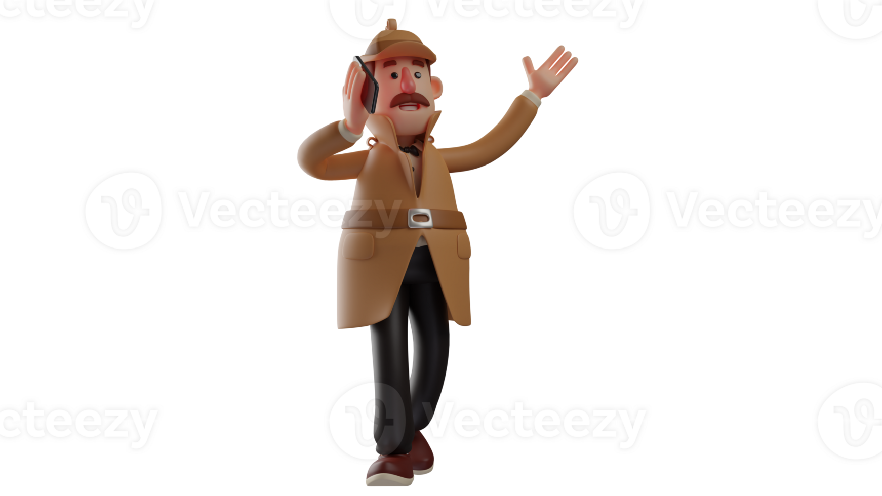 3D illustration. Cheerful 3D Detective Cartoon Character. The detective looks very excited when on the phone with someone. The detective raised one hand and was happy. 3D cartoon character png