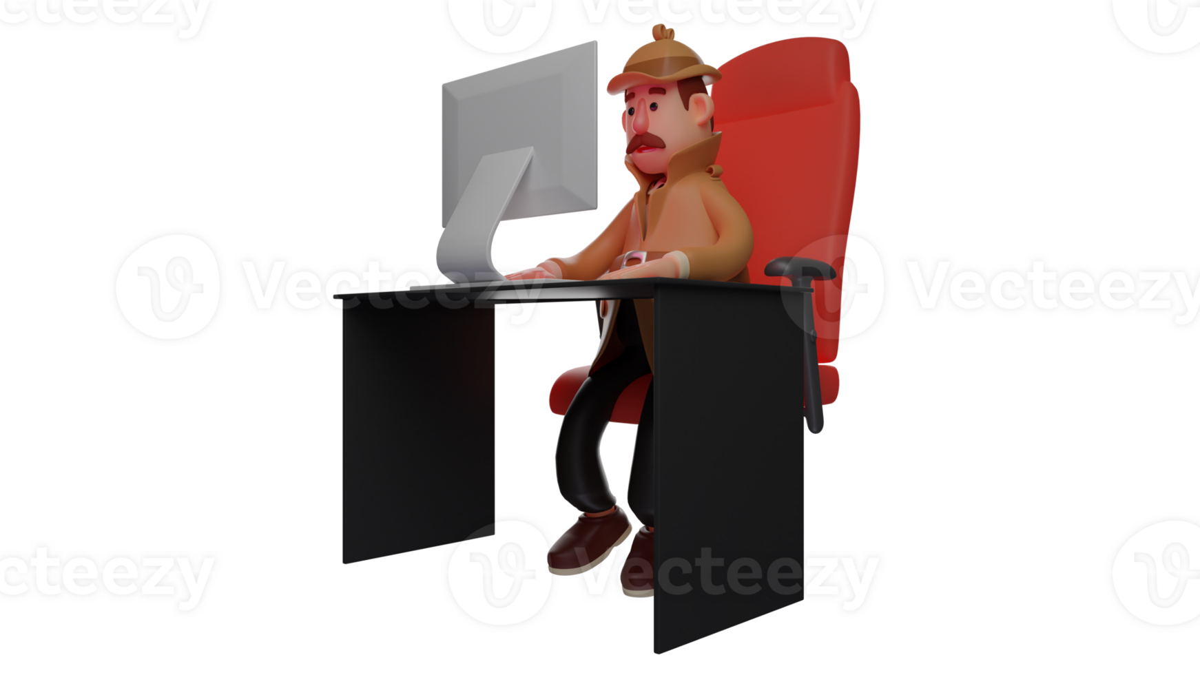 3D illustration. Smart Secret Agent 3D Cartoon Character. Secret agent is doing his job at the work desk. Mustache secret agent working on laptop and sitting in red chair. 3D cartoon character png