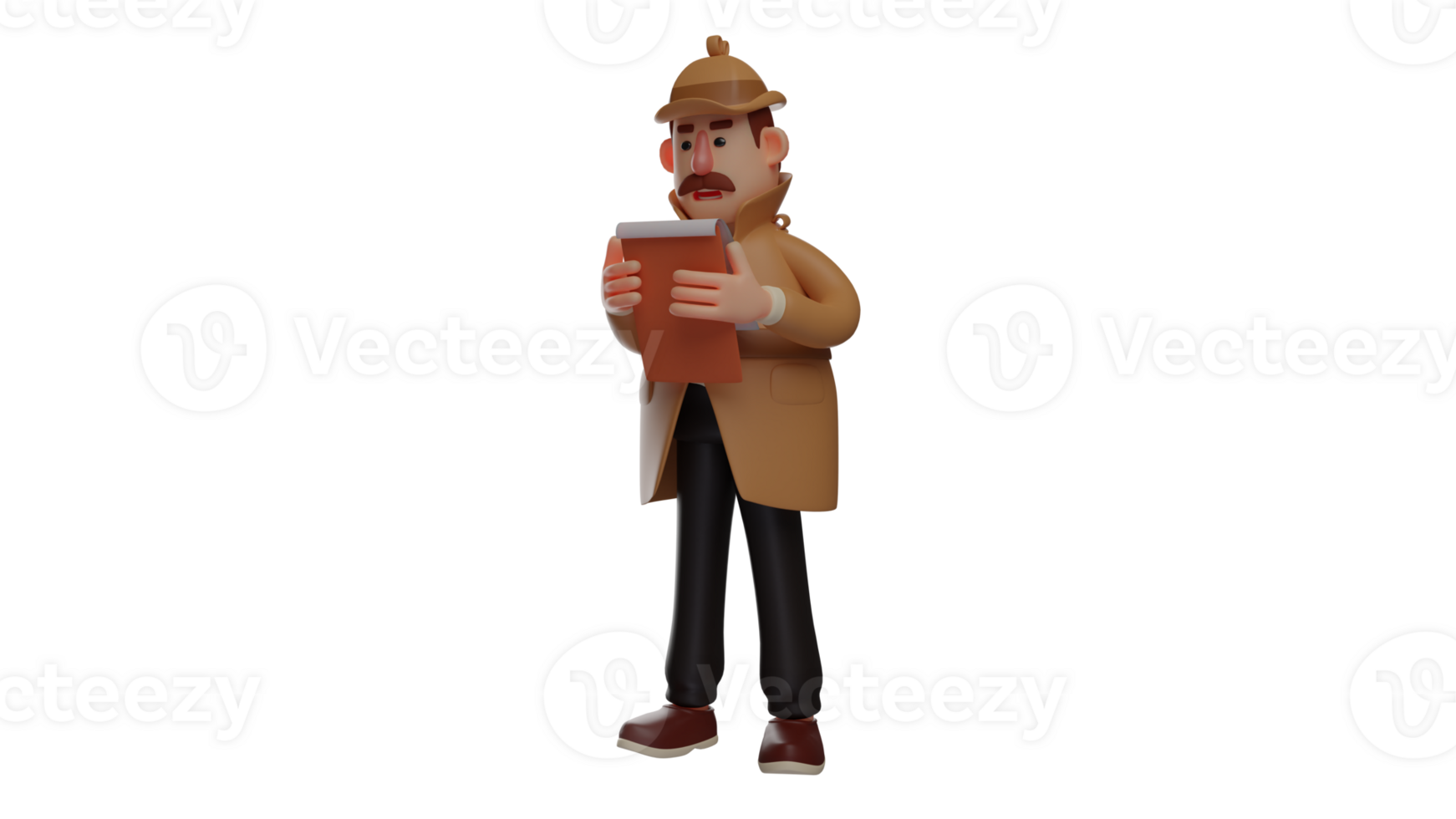 3D illustration. Senior 3D Cartoon Character. Senior detective was checking the notes he was carrying. Detective is very careful in bringing notes on the results of his work. 3D cartoon character png