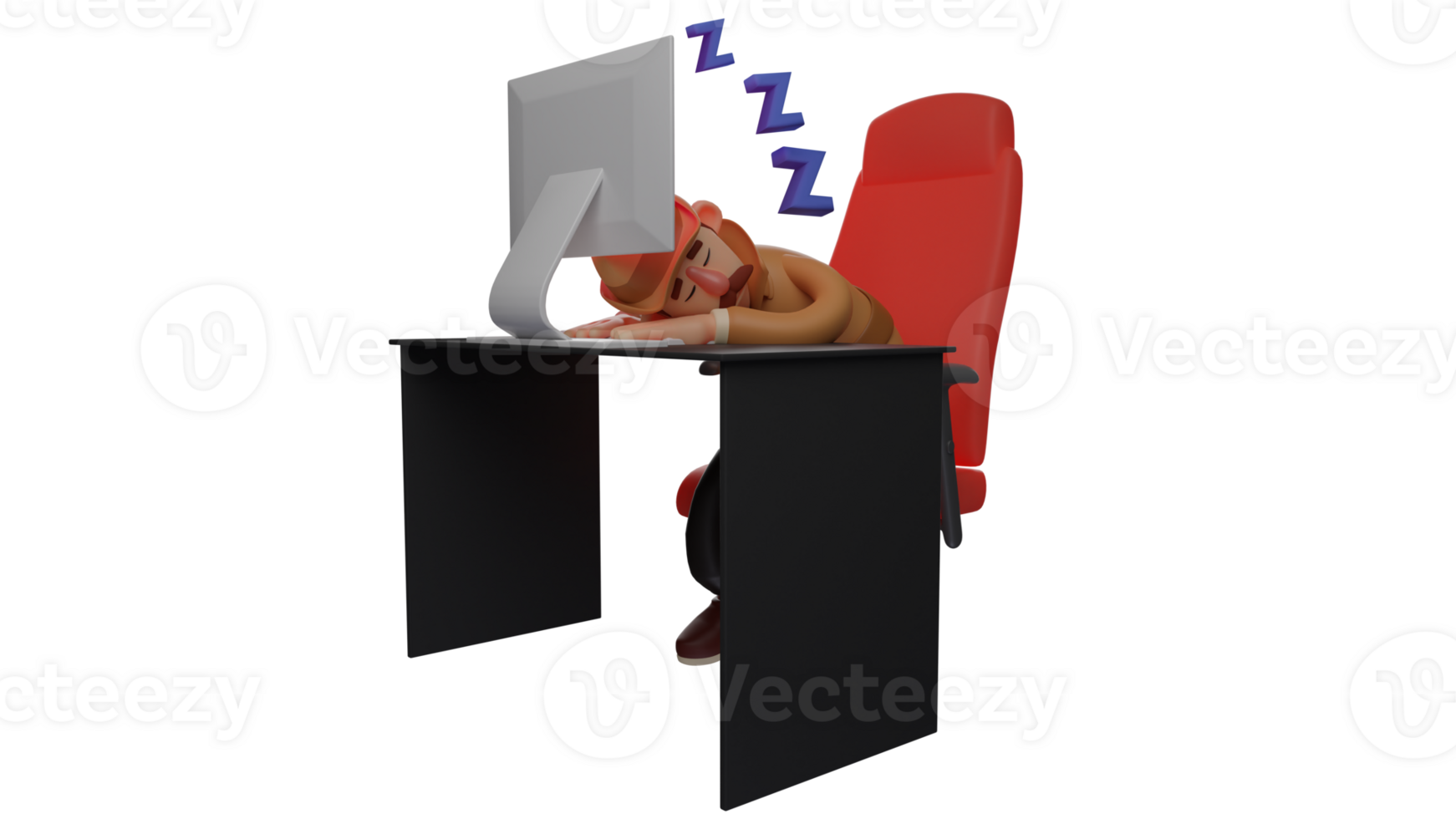 3D illustration. Sleepy Detective 3D Cartoon Character. Old detective sleeping at his desk. The detective buried his face in front of his work laptop. 3D cartoon character png
