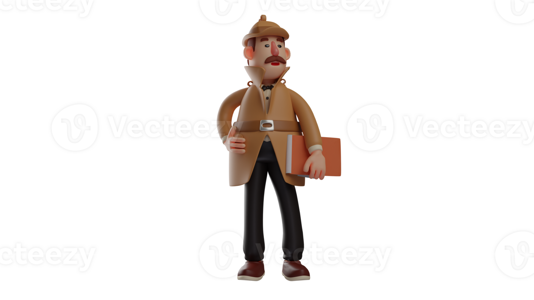 3D illustration. Authoritative Detective 3D Cartoon Character. The detective stands proudly while holding a notebook. Cool Detective who pays attention to his surroundings. 3D cartoon character png