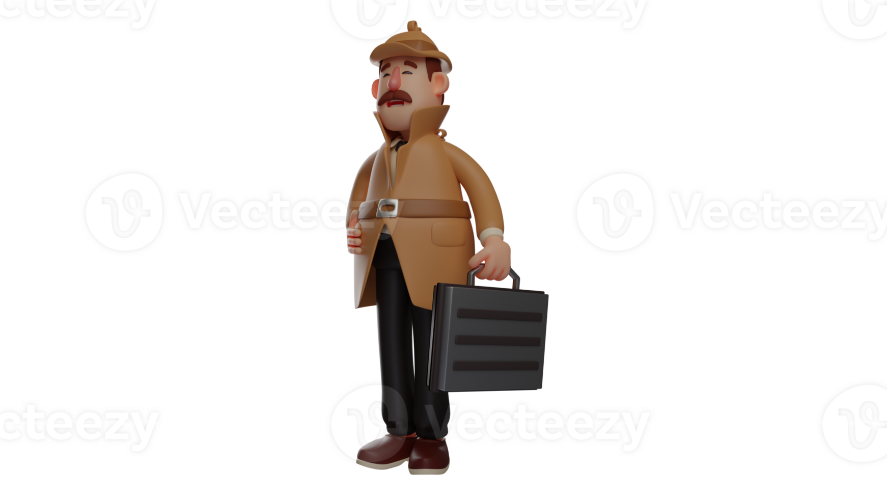 3D illustration. Office Worker 3D Cartoon Character. The mustachioed office worker carried a black suitcase and wore a hat. The detective will go to his office in neat clothes. 3D cartoon character png