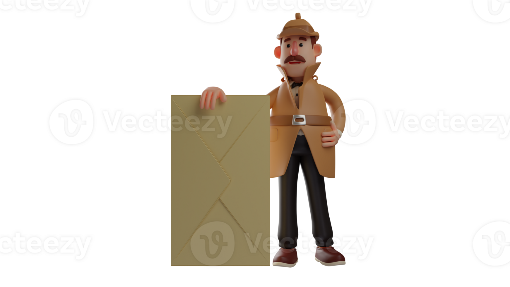 3D illustration. Handsome Secret Agent 3D Cartoon Character. Secret Agent standing next to a brown envelope. Secret Agent who is paying attention to the situation around him. 3D cartoon character png