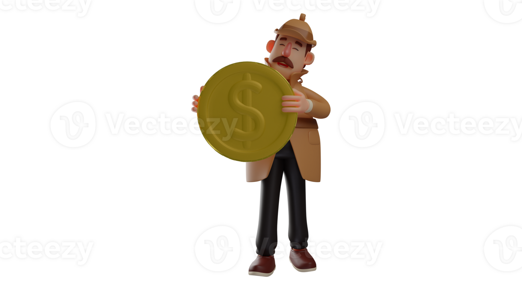 3D illustration. Collector 3D Cartoon Character. Mustache collector carrying gold coins to buy. Rich collector like to collect gold coins in his home. 3D cartoon character png