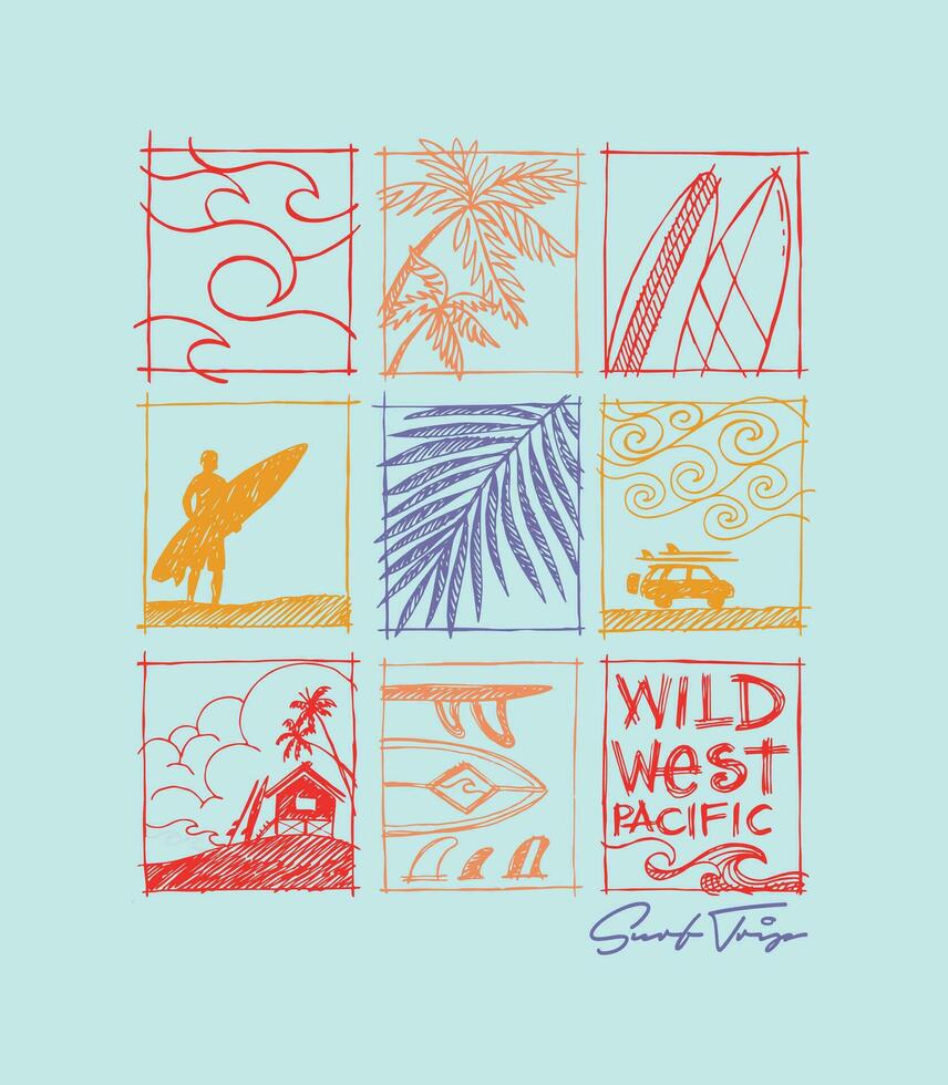 Hand drawn vector illustration of summer and surfing elements. Art in stripped down lines.