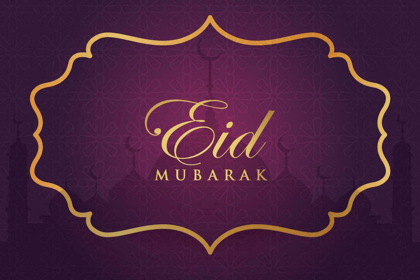 eid mubarak greeting card with gold frame and mosque vector illustration