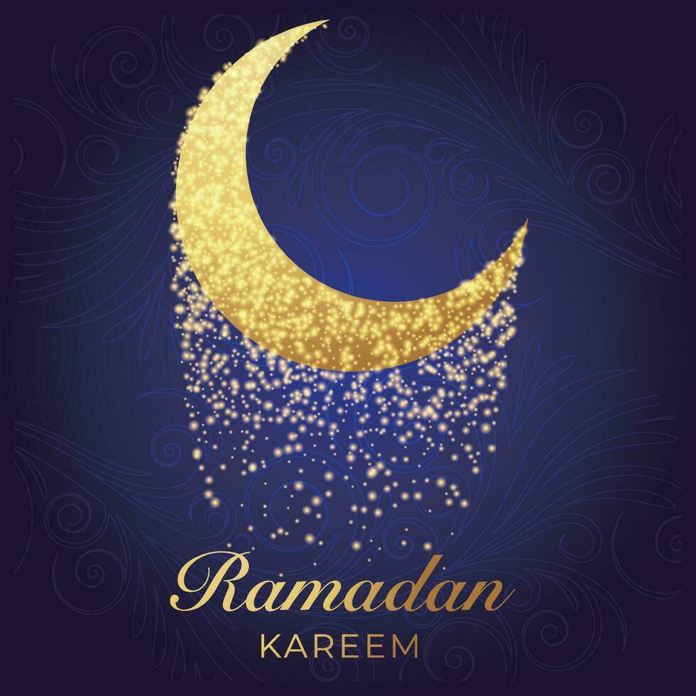 ramadan kareem greeting card with golden crescent and arabic pattern vector