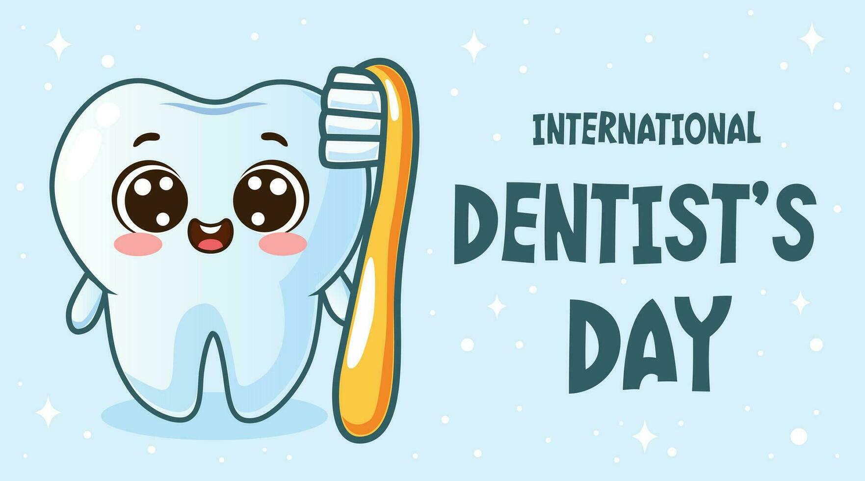 International Dentist Day. Tooth character and toothbrush in cartoon style. Suitable for poster or banner vector flat design