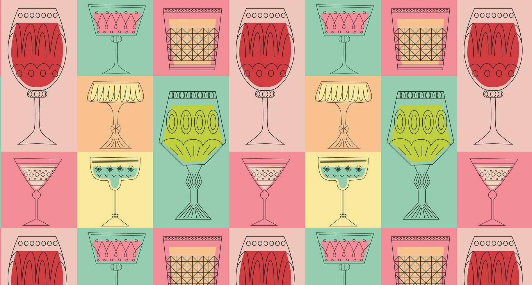 Geometric seamless pattern with alcoholic cocktails in glasses of different shapes. Drinks in different types of vintage glasses. Modern design for greeting cards, posters, wrapping, pack paper. vector