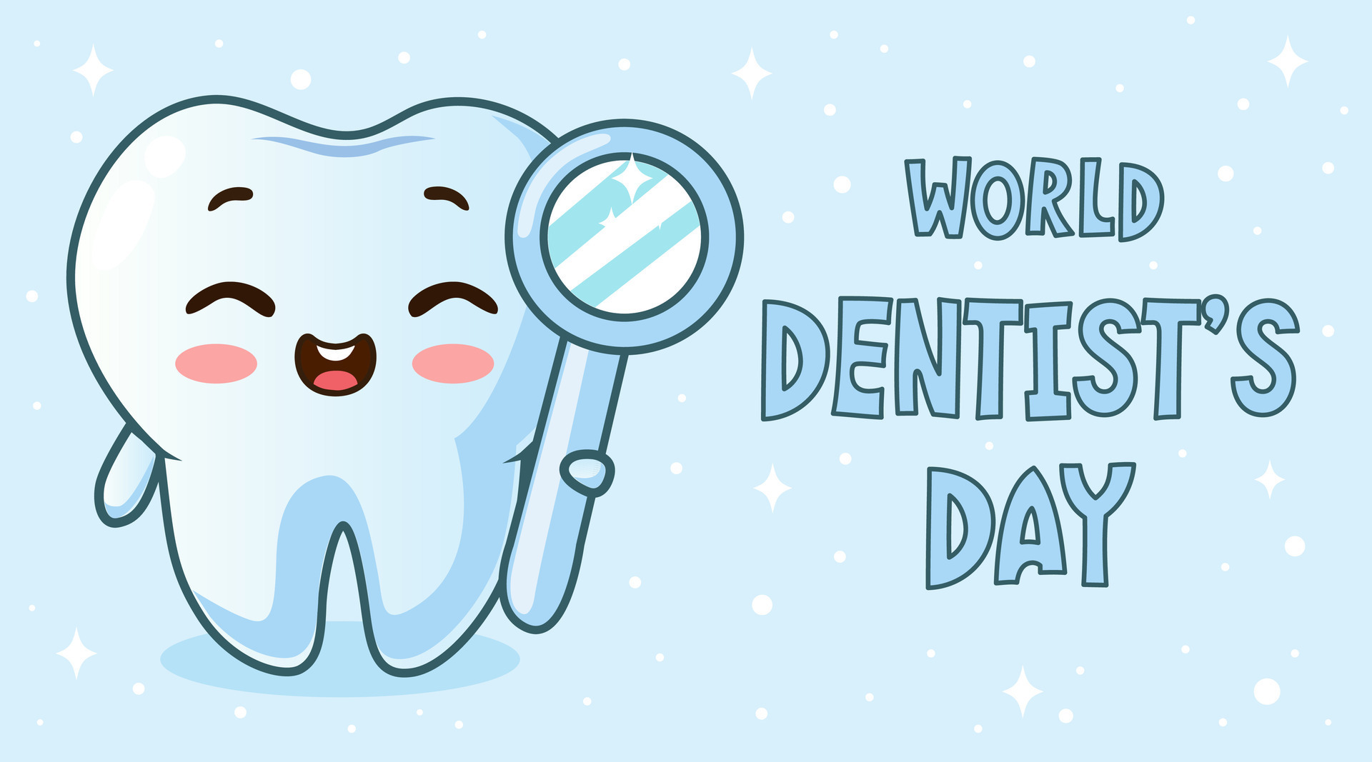 World Dentist Day. Tooth character and dental mirror in cartoon style