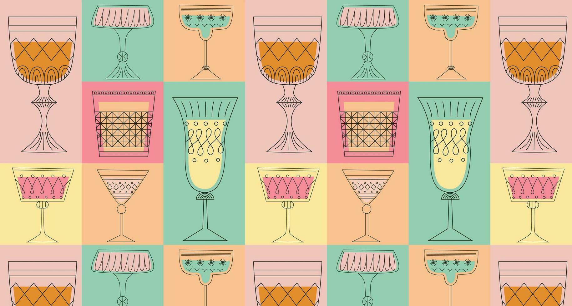 Geometric seamless pattern with alcoholic cocktails in glasses of different shapes. Drinks in different types of vintage glasses. Modern design for greeting cards, posters, wrapping, pack paper. vector