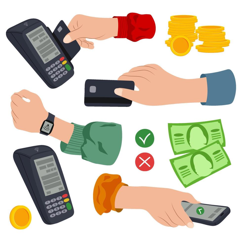 Set of vector illustrations in flat style of cashless payment using modern technologies. Payment by contactless and wireless method. Transaction and banking system, seller and buyer store.