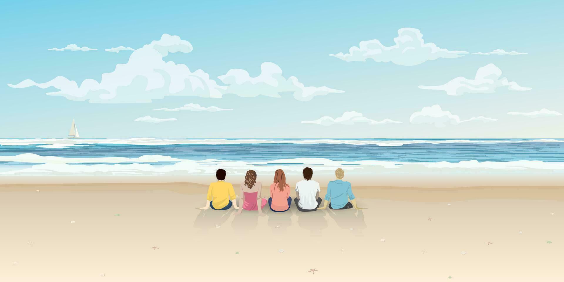 grupo de amigos sentado juntos en el playa con azul cielo antecedentes vector ilustración. amigos de viaje concepto tener blanco espacio.