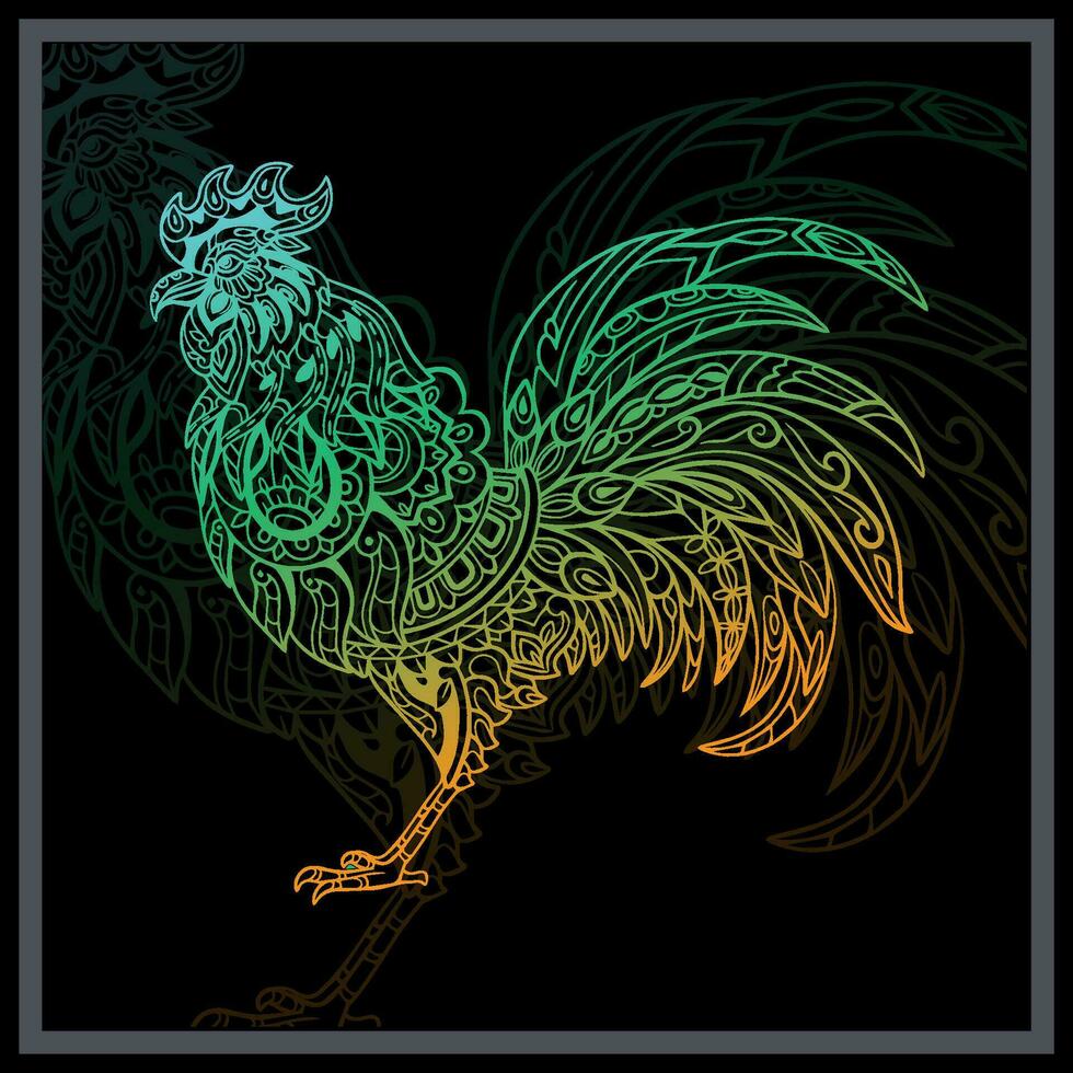 Gradient Colorful chicken rooster mandala arts. vector