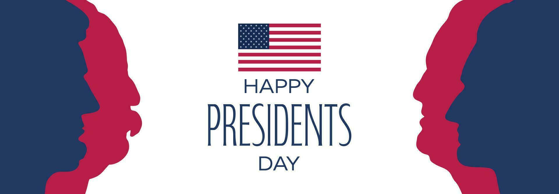Happy Presidents Day banner. Federal holiday in America. Banner with faces four US presidents. Profile Lincoln, Washington, Jefferson, Roosevelt. Header for letters, websites, mailing lists vector