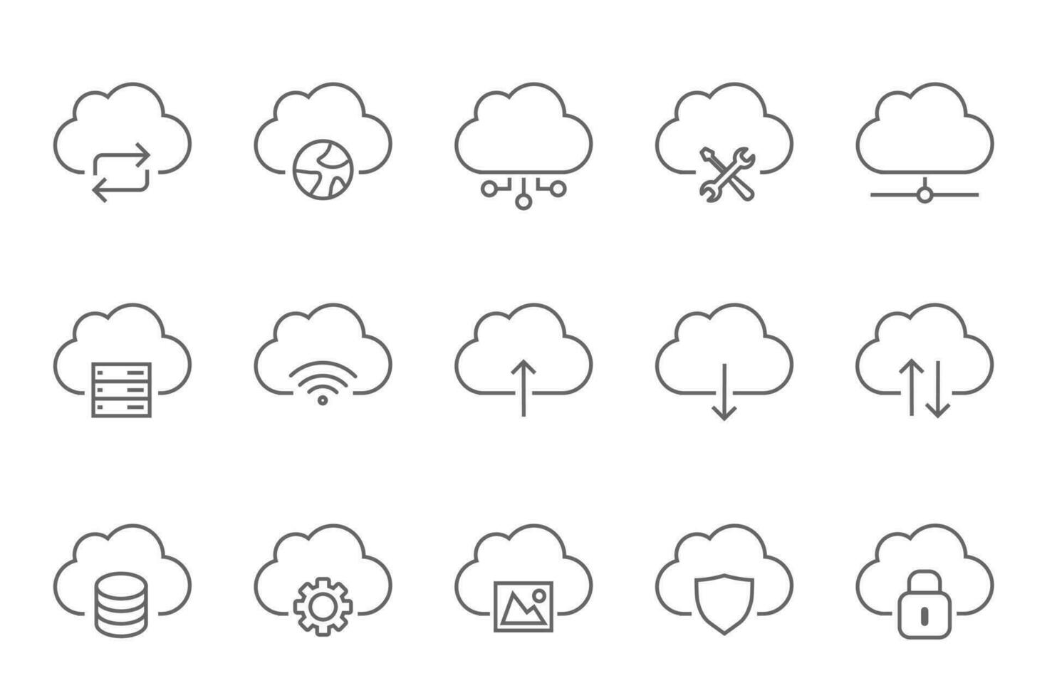 Set of 15 line icons related to data exchange, traffic, files, cloud, server. Outline icon collection.. Vector illustration