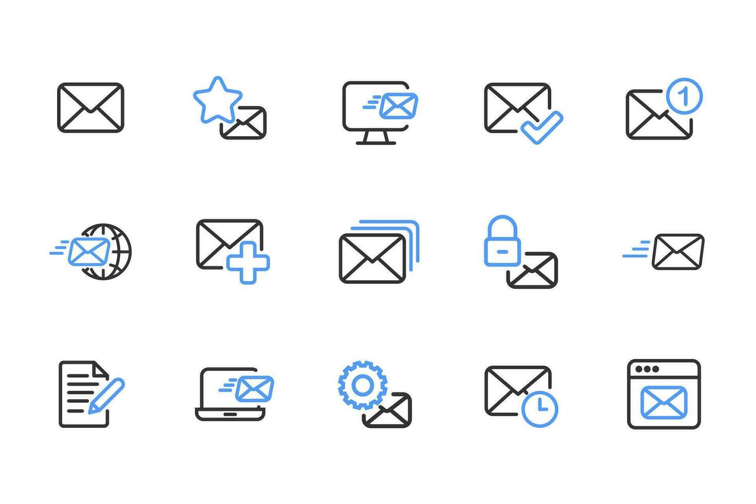 Mailing outline icon set black and blue. Containing mail, email, mailbox, letter, send, receive, post office and envelope icons. Outline icon collection. Vector illustration.
