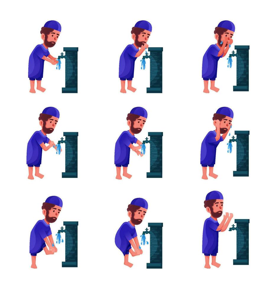 Boy character design collection muslim pray wudhu movement vector
