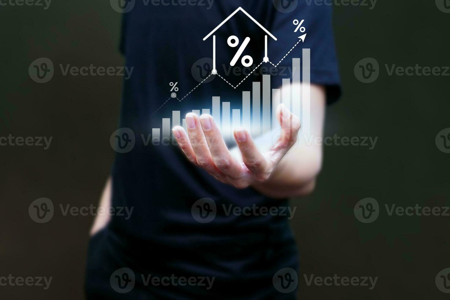 Hand of man touching data analytics graph on virtual screen. Real estate investment, market and analytics concept. photo