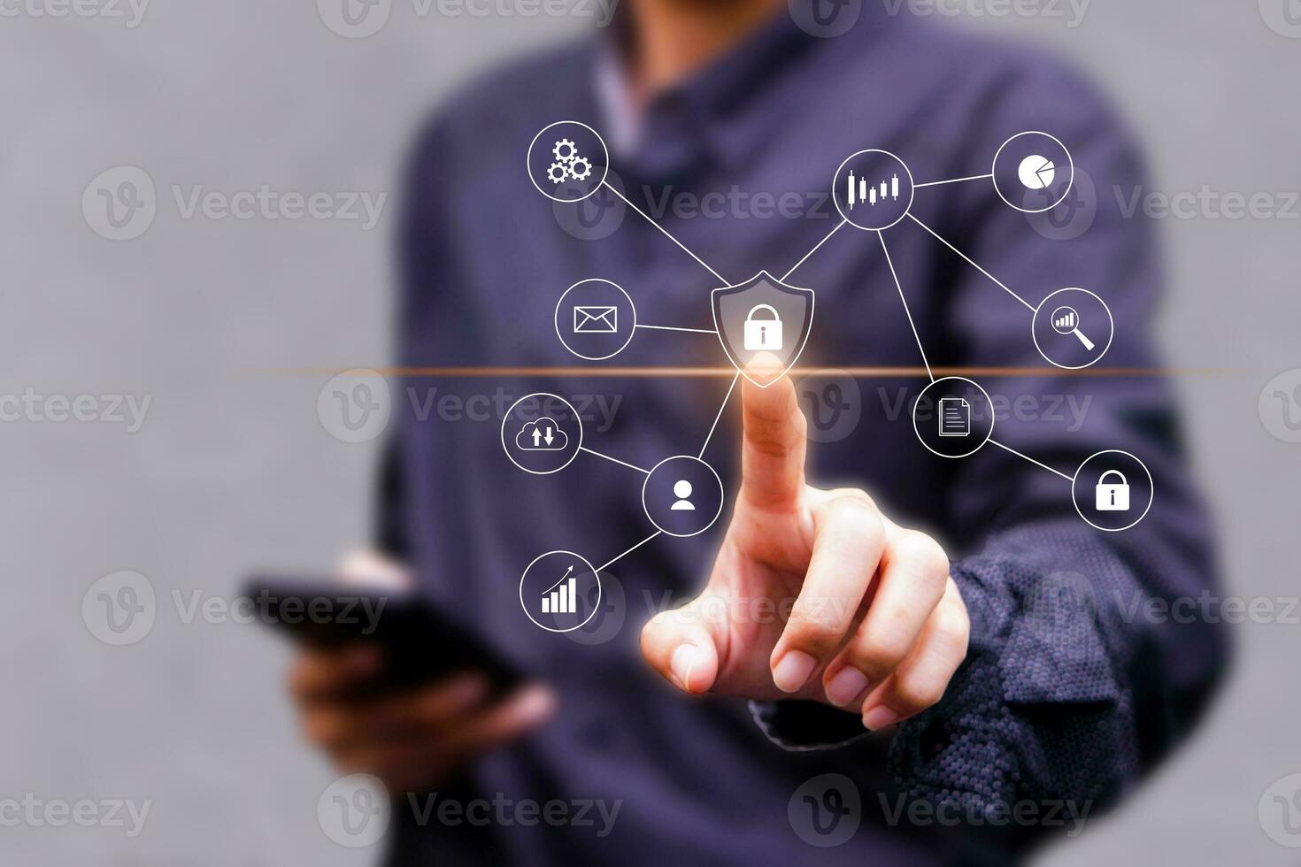 Businessman use finger touch virtual icon. Concept of technology and future business. photo