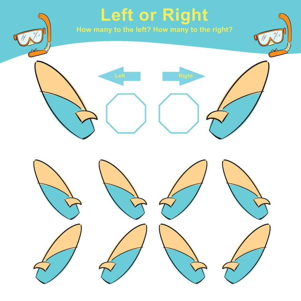 Mathematic activity page. Calculate and write the result. Left or Right worksheet for children. Printable activity page for kids. Educational printable math. vector