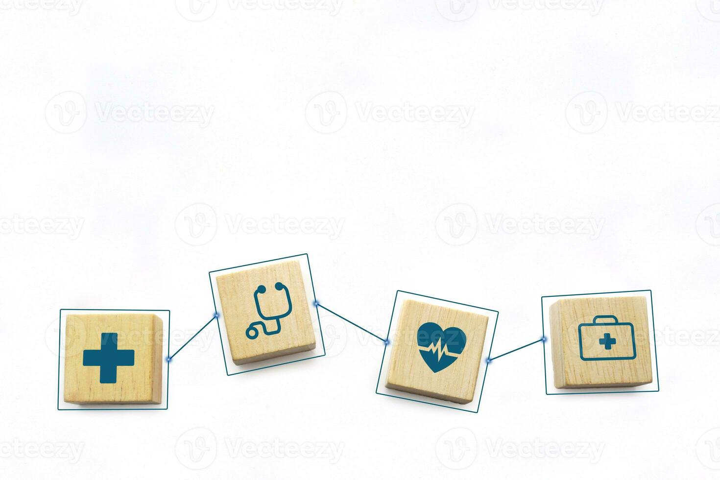 Medical icons on wooden cube block with connection link network. Health care, health insurance and treatment concept. photo