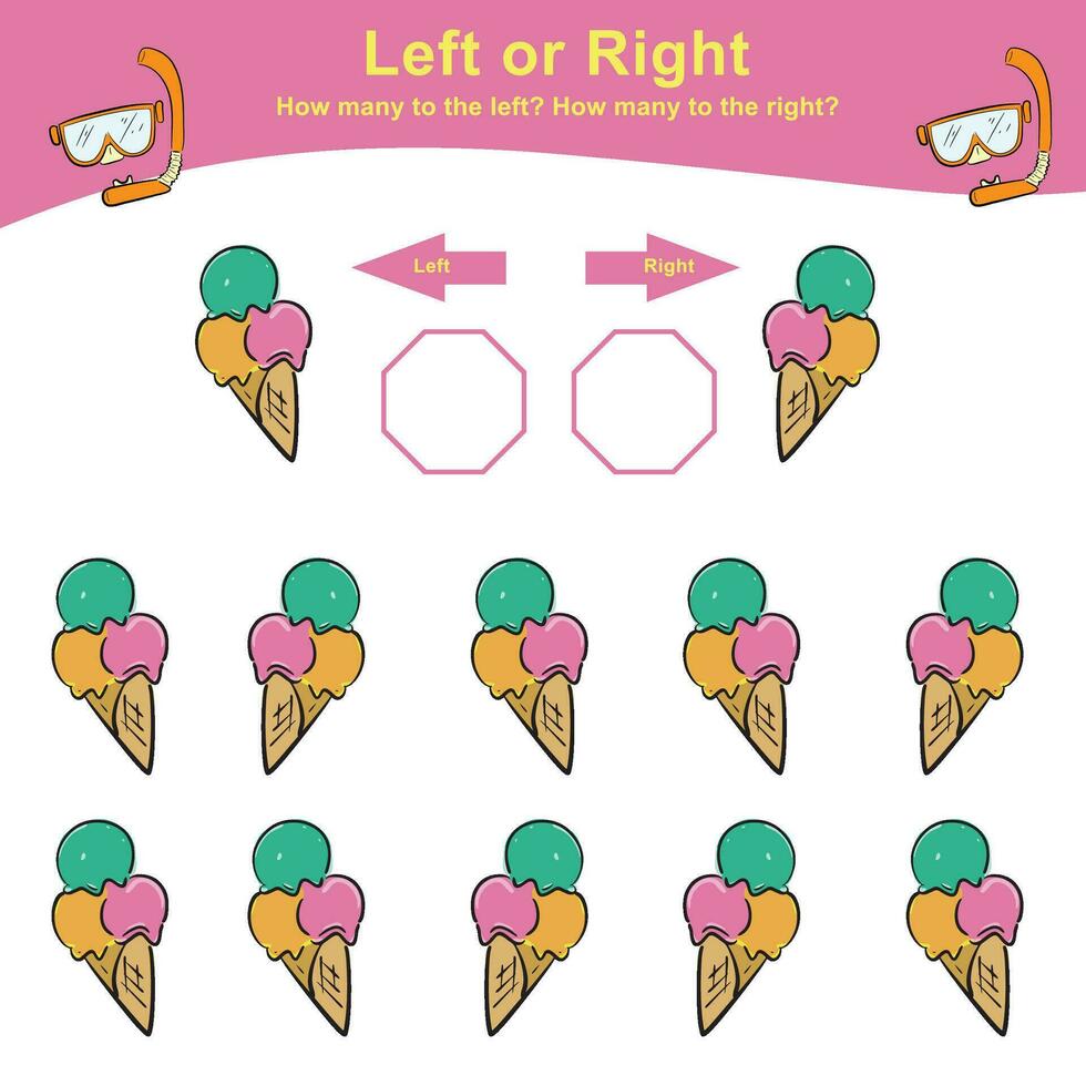 Mathematic activity page. Calculate and write the result. Left or Right worksheet for children. Printable activity page for kids. Educational printable math. vector