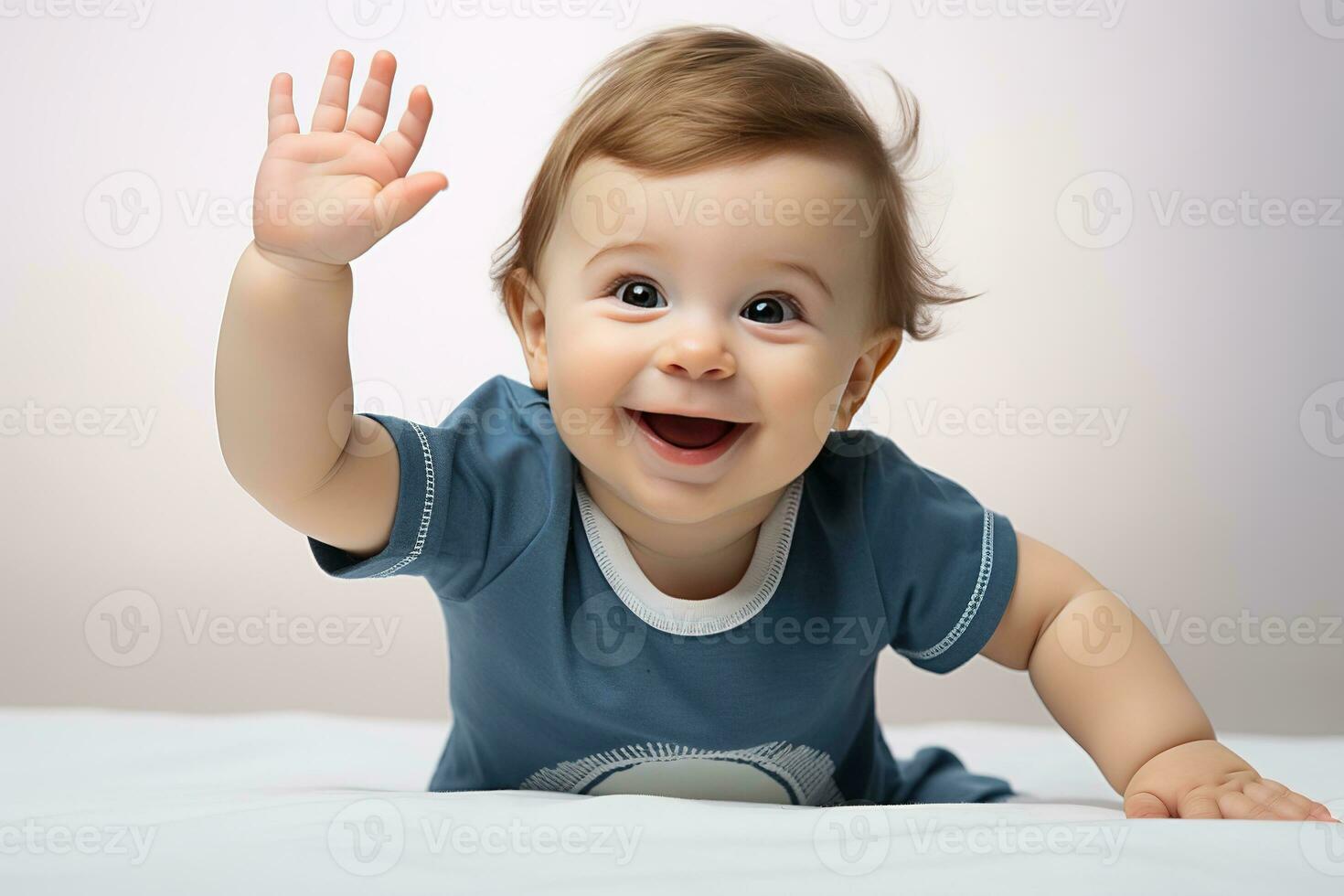 ai generado alegre bebé en un suave blanco cama alcanza fuera con un minúsculo mano, sonriente en broma en contra un limpio, ligero fondo, capturar un momento de inocente curiosidad. foto