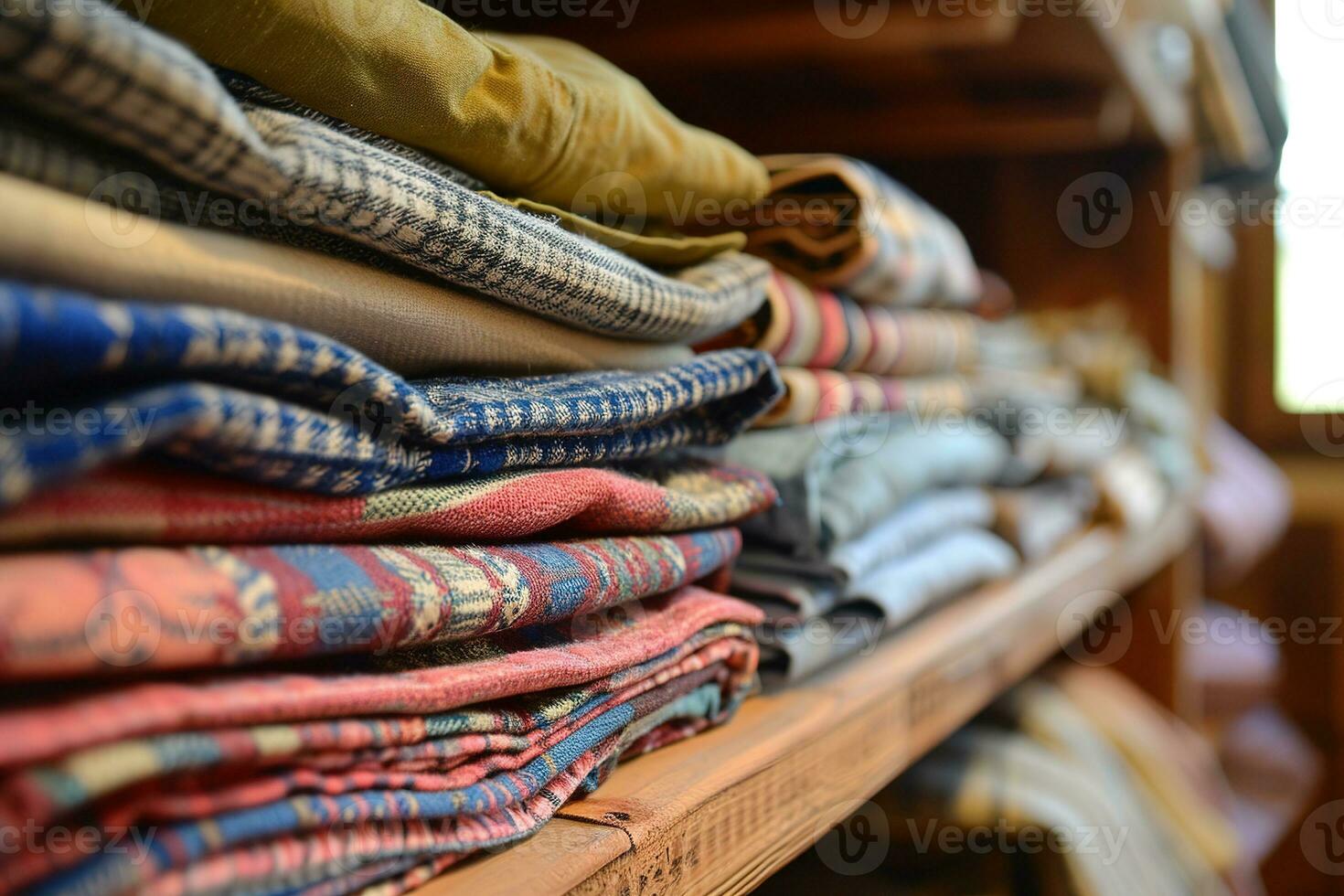 AI generated Neatly folded clothing in a variety of colors and patterns are stacked on wooden shelves, showcasing a cozy and organized closet space. photo