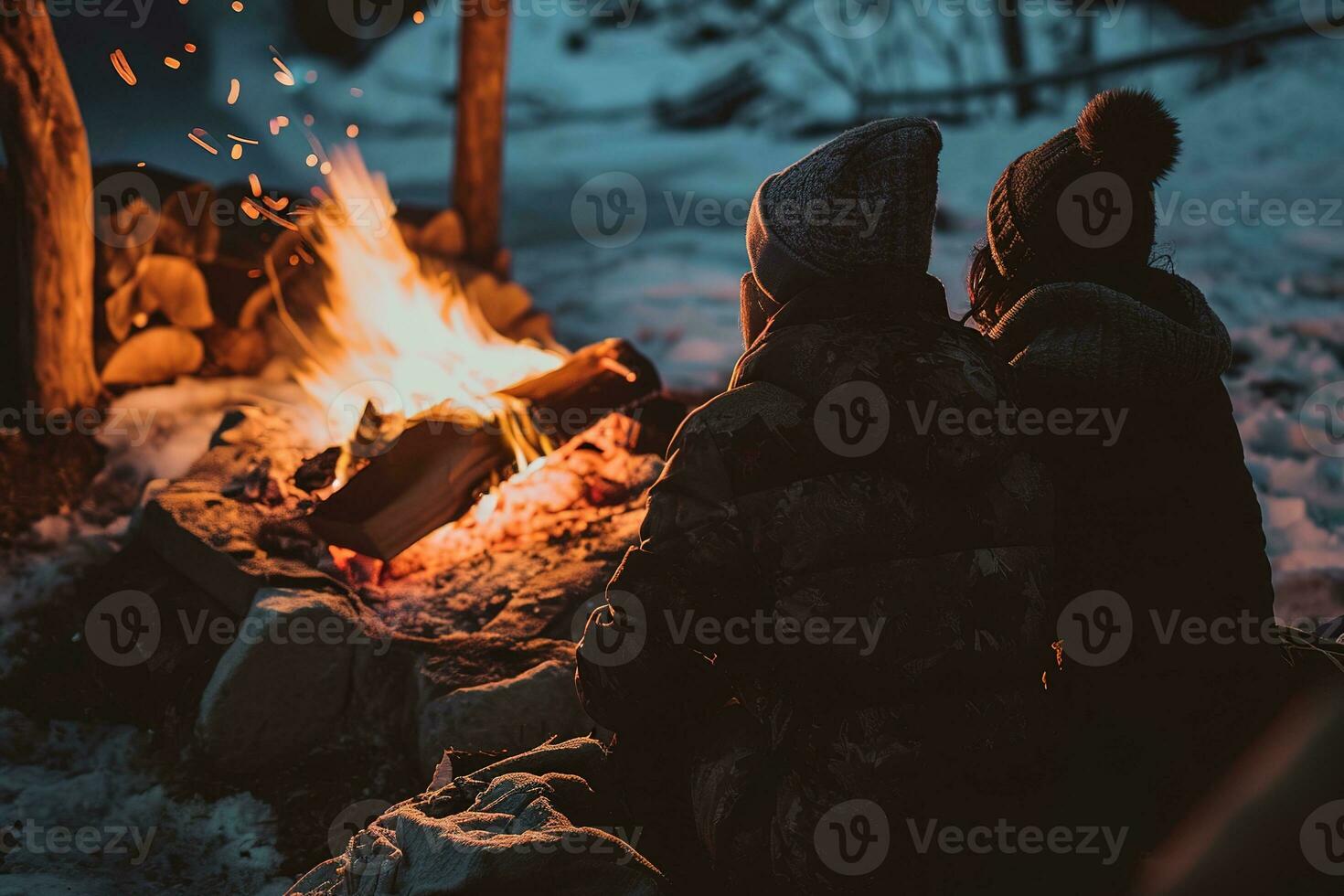 AI generated Vibrant campfire crackles amidst a snowy scene, with golden bokeh lights and two blurred figures seated behind, evoking warmth in the cold winter ambiance. photo