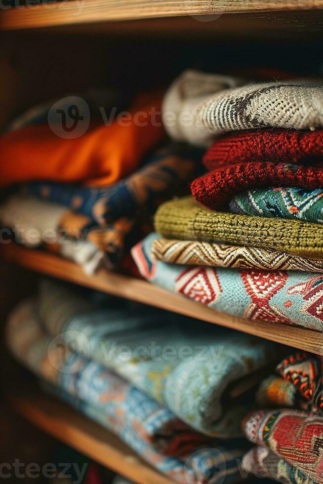AI generated Neatly folded clothing in a variety of colors and patterns are stacked on wooden shelves, showcasing a cozy and organized closet space. photo
